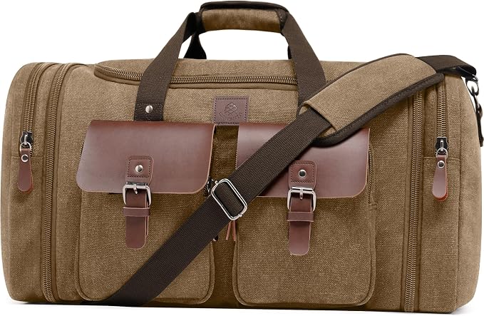 Canvas Duffle Bag for Men 50L Travel Duffel Bags Expandable Genuine Leather by DensataTravelBag