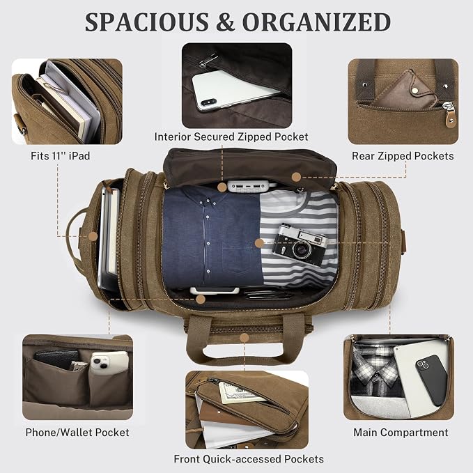 Gonex Canvas Duffle Bag 60L Travel Duffel Overnight Weekend Bag - Image 5