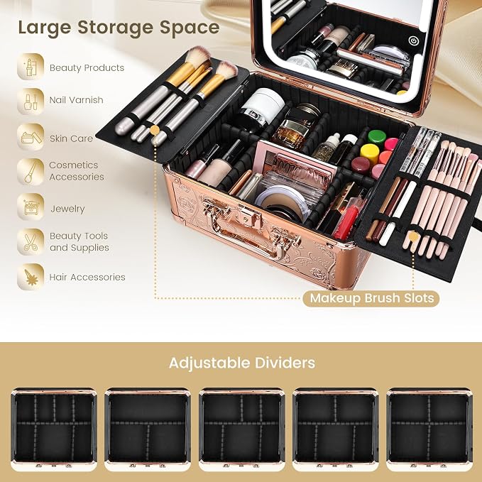 Makeup Case with Magnetic Lighted Mirror Cosmetic Train Box Detachable LED - Image 3