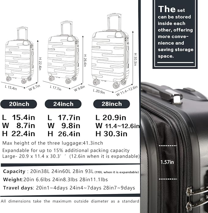 Coolife Luggage Suitcase Carry-on Hardside Travel Luggage TSA Lock Spinner - Image 6