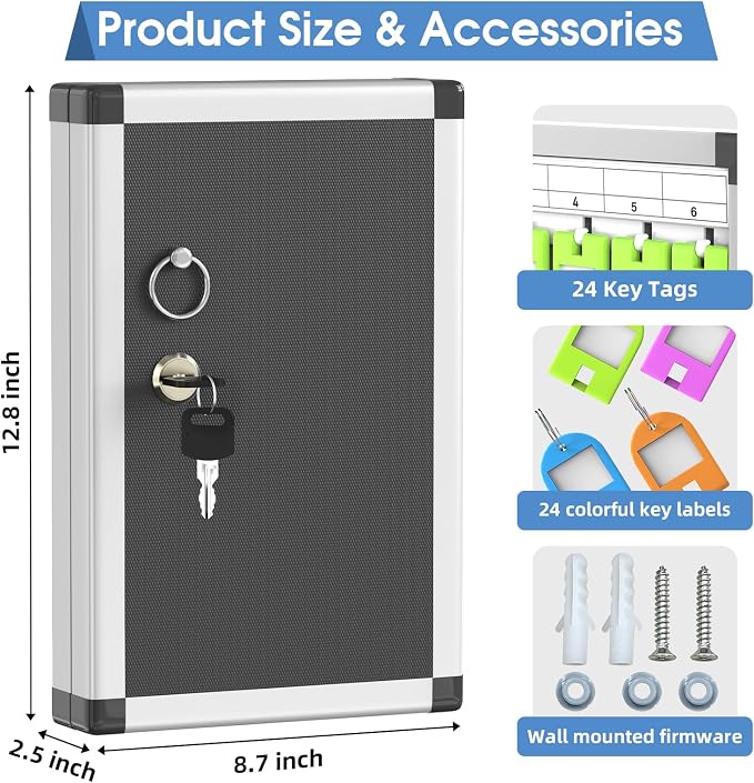 24 Slots Lock Box for Keys Wall Mount, Locking Key Cabinet, Key Storage Box - Image 2