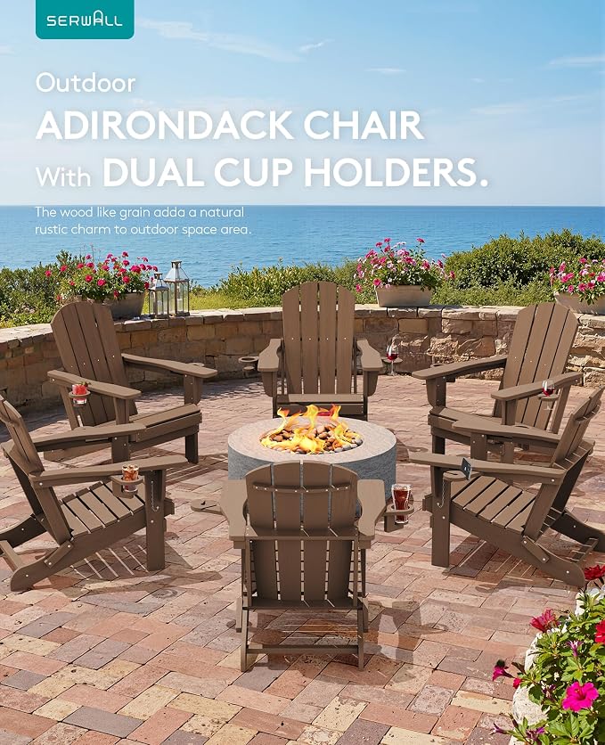 SERWALL Folding Adirondack Chair, Dual Cup Holders & All-Weather HDPE, - Image 9