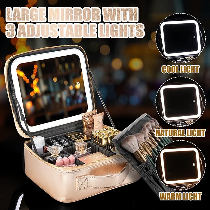 Makeup Travel Train Case with Mirror LED Light 3 Adjustable Brightness Large - Image 4