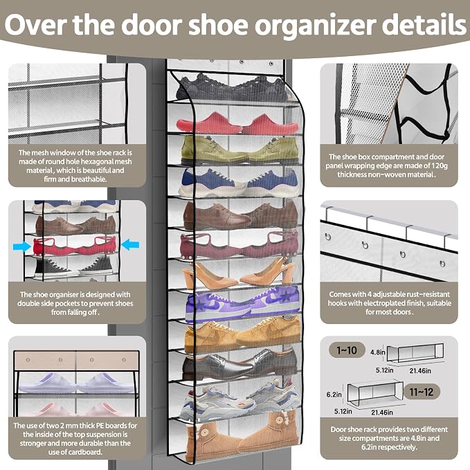12 Pocket Over the Door Shoe Organizer, Reusable Breathable Large Mesh Bag - Image 2