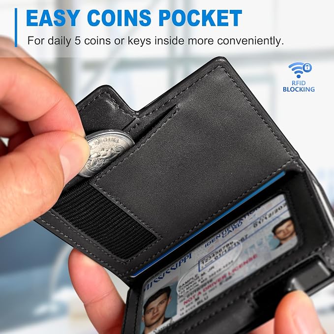 Men Wallet, with Money Clip Coins Pocket ID Window, Slim Front Pocket RFID - Image 4
