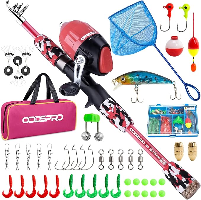 ODDSPRO Kids Fishing Pole Pink, Portable Telescopic Fishing Rod and Reel Combo by ODDSPRO