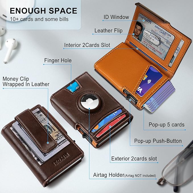 Airtag Wallet for Men, with Money Clip 10 Cards Metal Case Smart Slim Pop Up - Image 2