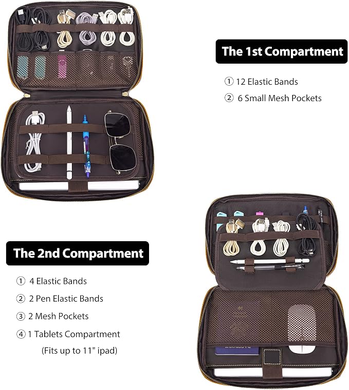 LANNSYNE Full Grain Leather Electronic Organizer Accessory Travel Tech Pouch - Image 3