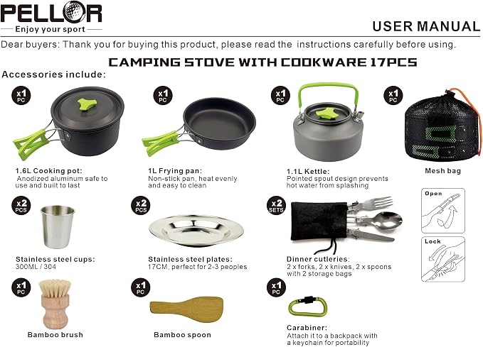 PELLOR Camping Cookware Set, Pans Set and Folding Fork, Lightweight Backpacking - Image 8