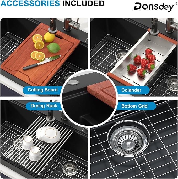 33 Inch Drop in Granite Composite Black Kitchen Sink-Donsdey Double Bowl - Image 6