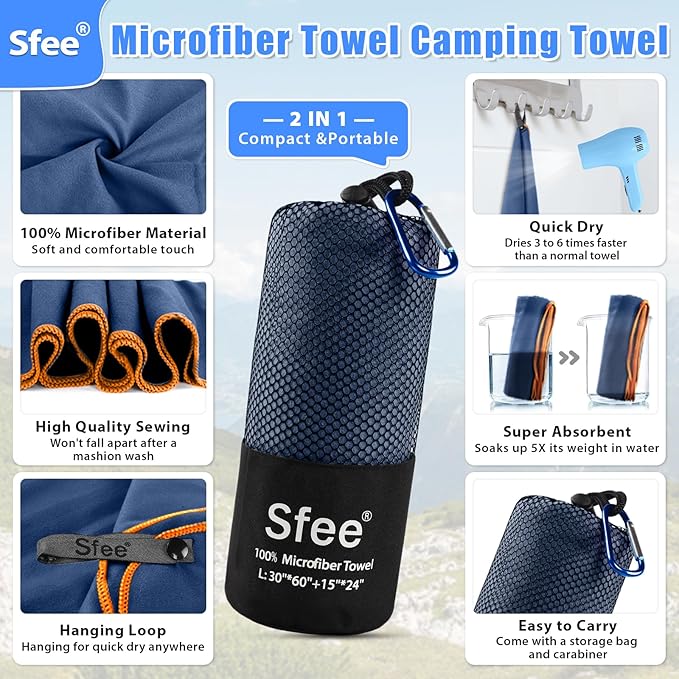 Sfee 2 Pack Microfiber Travel Towel, Quick Dry Towel Camping Towel Large Beach - Image 2