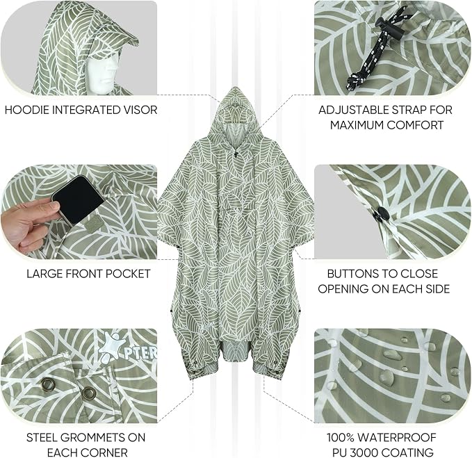 PTEROMY Hooded Rain Poncho for Adult - Image 2