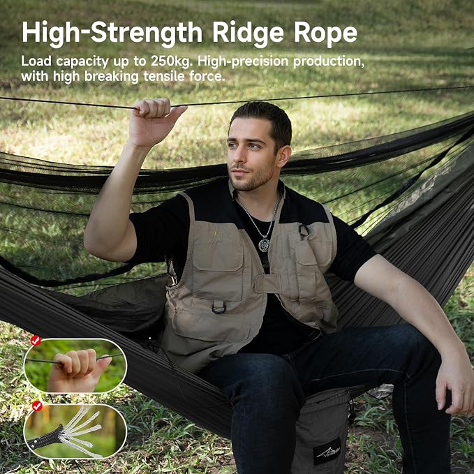 Camping Hammock with Mosquito Net and Ridge Rope, Extra Large - Image 3