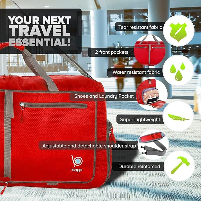 Bago Foldable Duffel Bags for Traveling Women & Men - 60L Medium Packable - Image 3