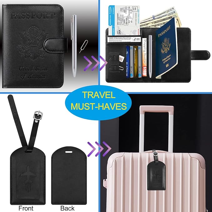 Passport Holder With Luggage Tag Cover Wallet RFID Blocking Leather Case Travel - Image 2