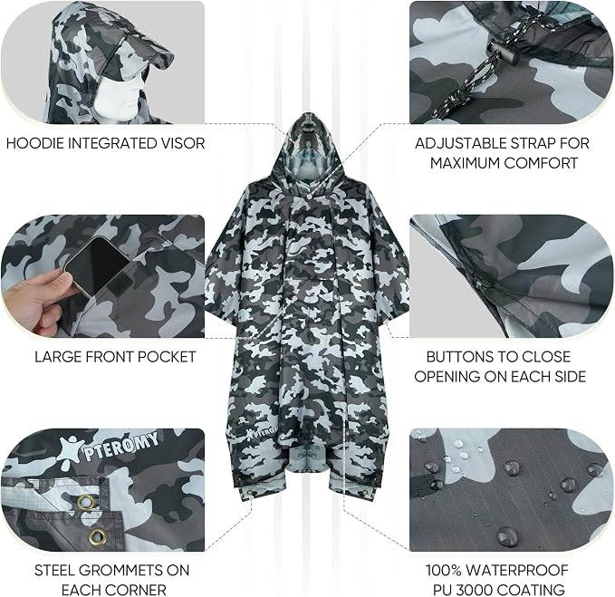 PTEROMY Hooded Rain Poncho for Adult - Image 2