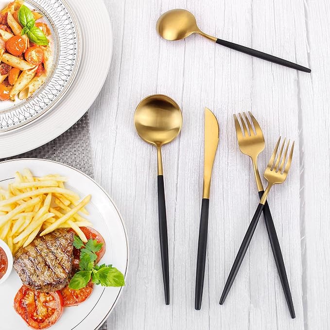 Matte Gold Silverware Set With Black Handle, IBIILII JEFF 40 Pieces Stainless - Image 5