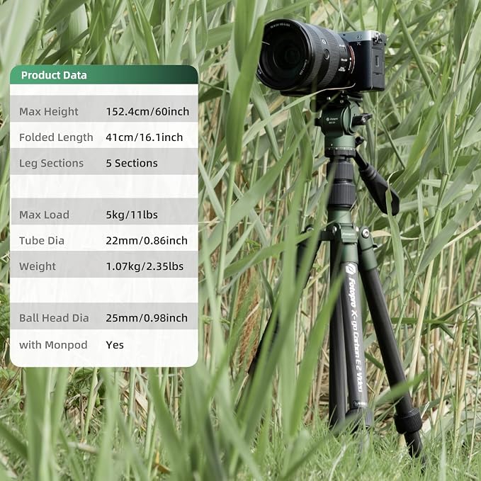 Fotopro 59" Carbon Fiber Travel Tripod, Compact Video Tripods - Image 2