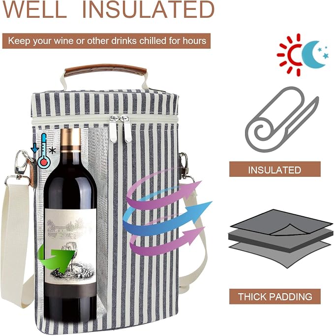 ZORMY 2 Bottle Wine Tote Carrier, Dark Blue, 750 mL Capacity, Polyester Material - Image 2