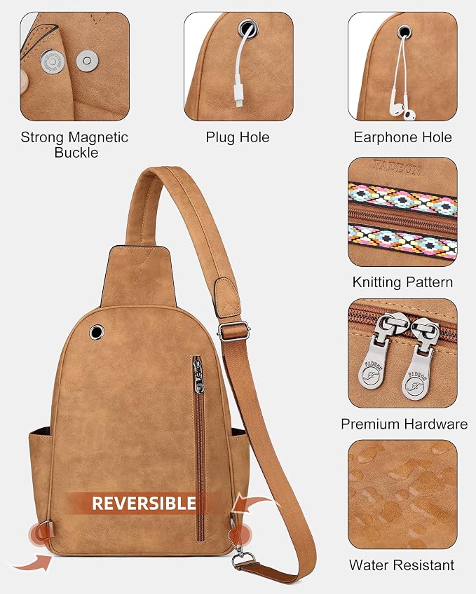 FADEON Large Sling Bag for Women, Leather Crossbody Purse Designer Anti Theft - Image 7