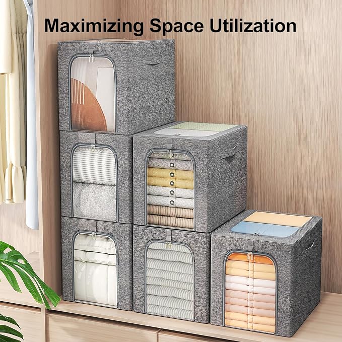 GoMaihe Clothes Storage Bins Metal Frame: 55L Extra Large Stackable Closet - Image 4