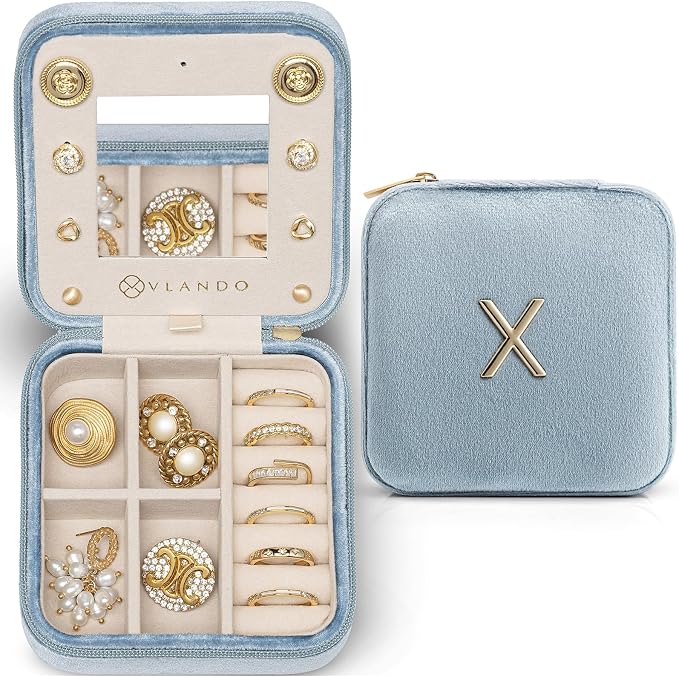 Vlando Travel Jewelry Case for Women Girls, X Initial Jewelry Box, Small by VLANDO