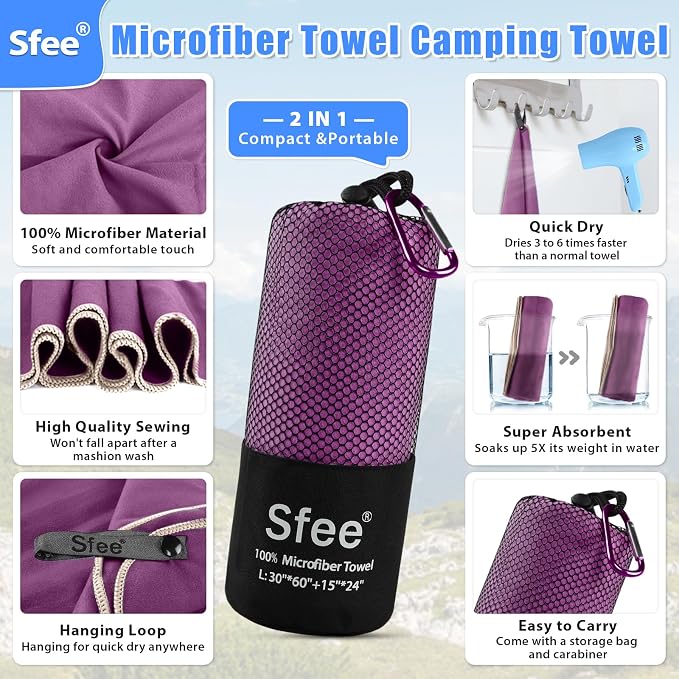 Sfee 2 Pack Microfiber Travel Towel, Quick Dry & Super Absorbent, Lightweight - Image 2