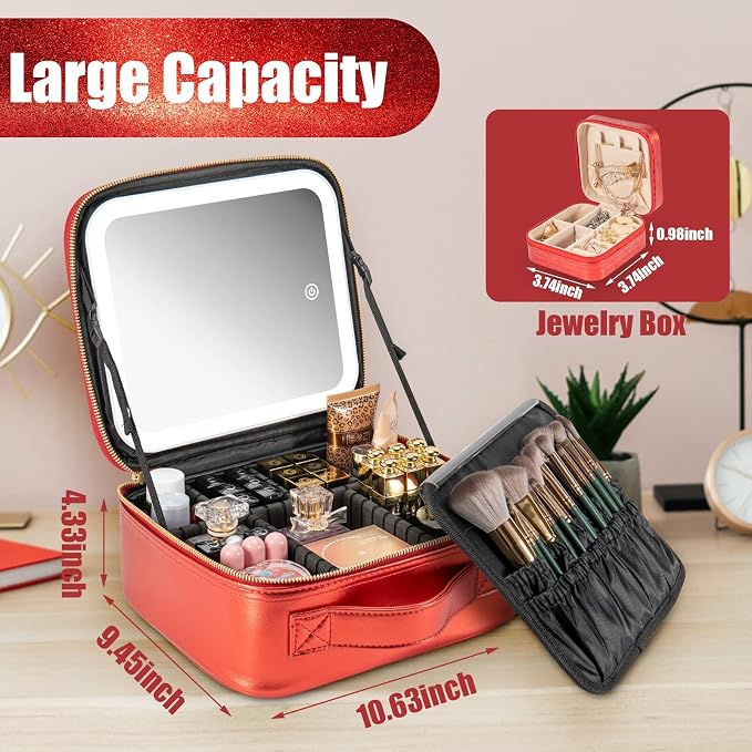 Makeup Travel Train Case with Mirror LED Light 3 Adjustable Brightness Large - Image 5