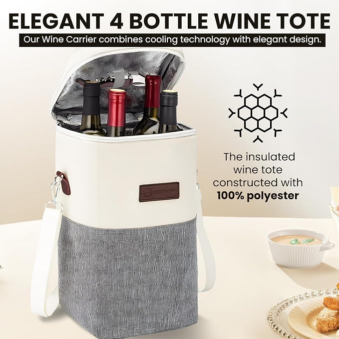 Insulated Wine Bag Cooler – Beige and Gray, Holds 4 Bottles, Wine Opener - Image 2