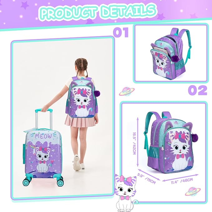 Cute Cat Kid’s Luggage Set 5 Piece Suitcase Set 16’’ Hardside Luggage - Image 5