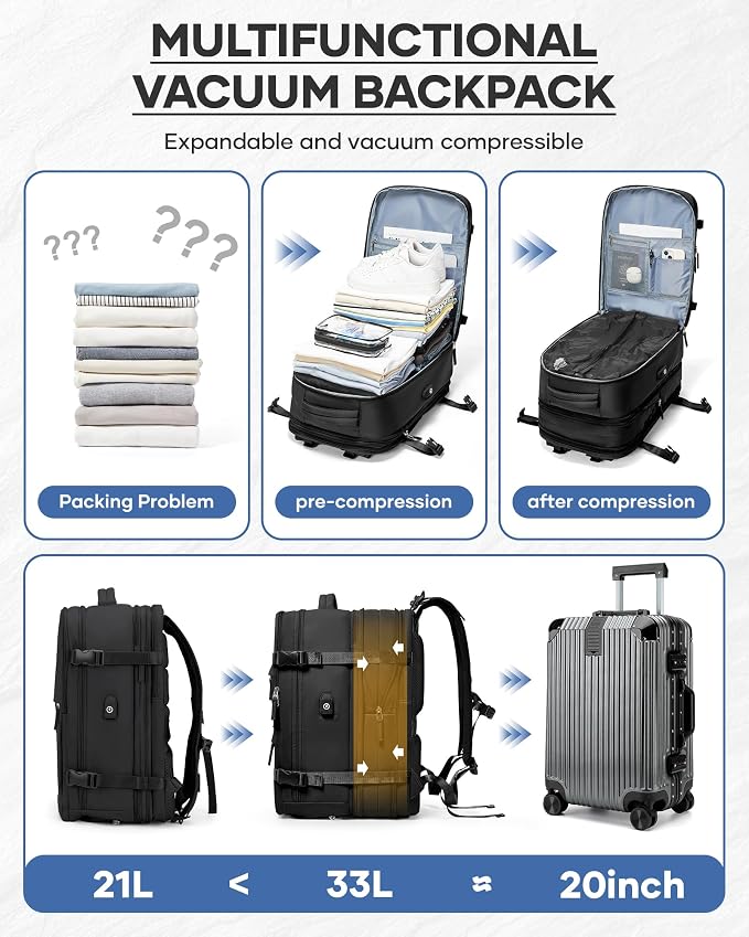 Black Vacuum Backpack With Vacuum Compression, Expanded Travel Laptop Backpacks - Image 3