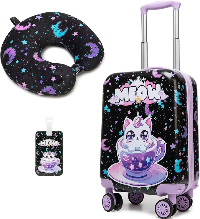 Cute Black Cat Kid's Luggage Set 2 Piece Suitcase Set 16" Hardside Luggage by Homskiii