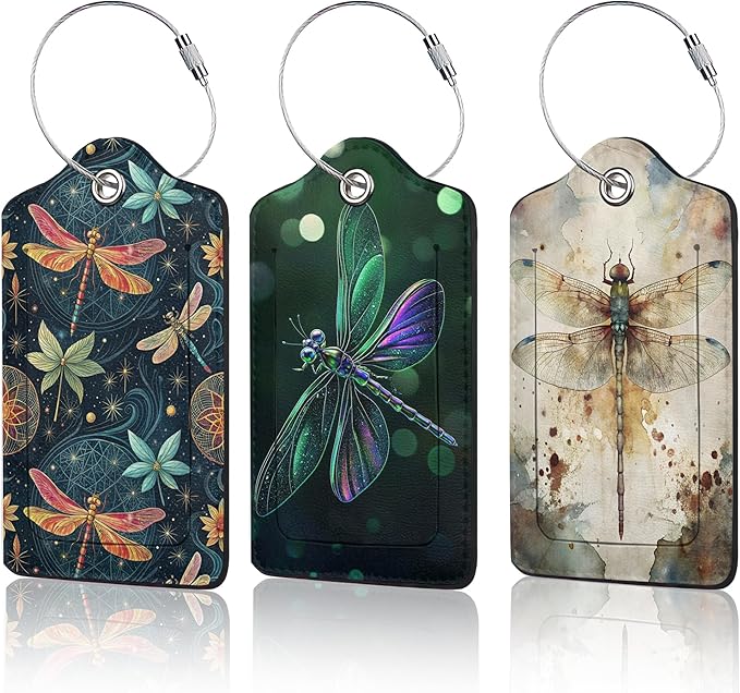 3 PCS Dragonfly Luggage Tags, Fantasy Dragonfly Suitcase Tags Privacy Cover ID by Unknown