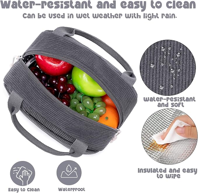 Bluboon Lunch Bag for Women Men Cute Corduroy Lunch Tote Bags Reusable - Image 3