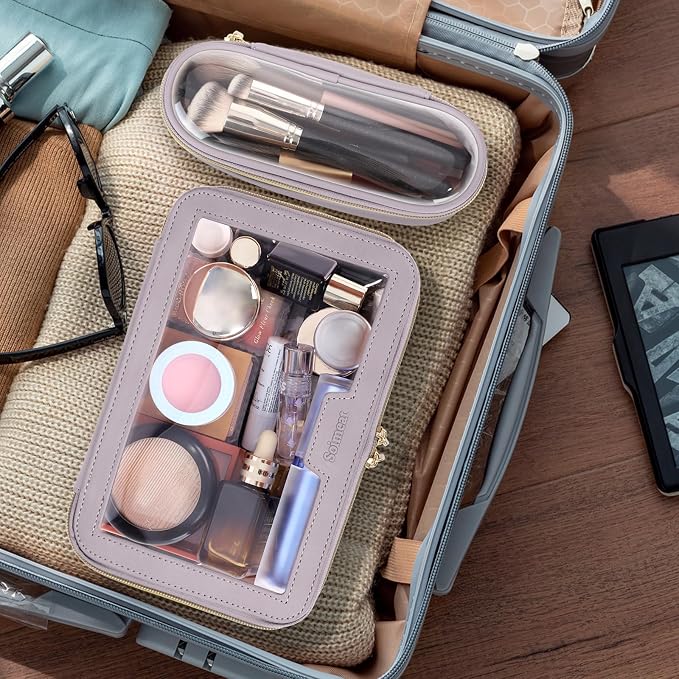 Travel Clear Makeup Bag with Makeup Brush Bag, Leather Makeup Case Toiletry Bag - Image 3
