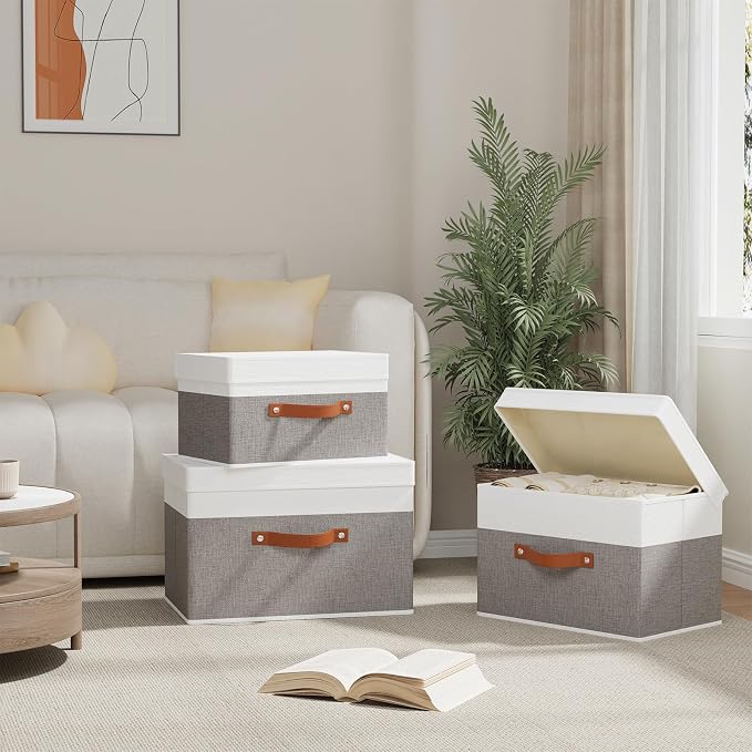Fabric Storage Boxes with Lids, Linen Foldable Cloth Baskets, Closet Organizer - Image 3