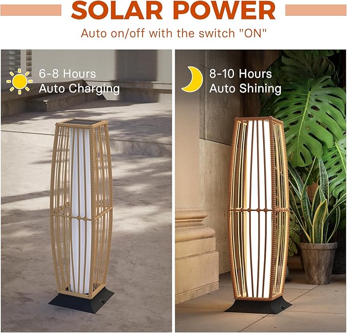 Grand patio 2-Piece Outdoor Floor Lamp Solar Powered Lantern Waterproof Wicker - Image 2