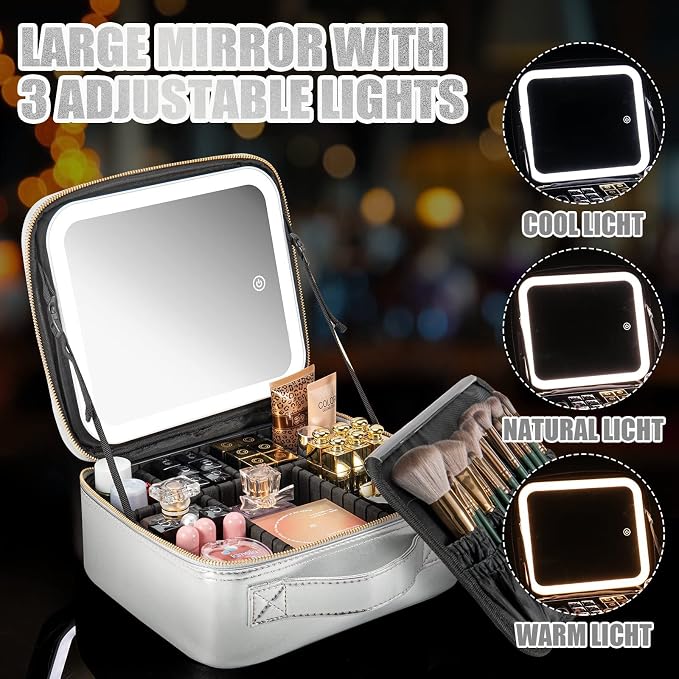 Makeup Travel Train Case with Mirror LED Light 3 Adjustable Brightness Large - Image 4
