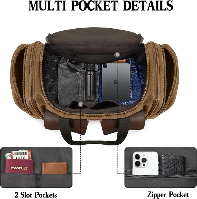 Canvas Duffle Bag for Men 50L Travel Duffel Bags Expandable Genuine Leather - Image 4