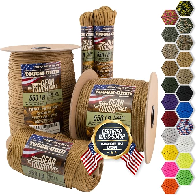 TOUGH-GRID 550 Paracord Rope Nylon Parachute Cord, Made in USA Survival Kit by TOUGH-GRID