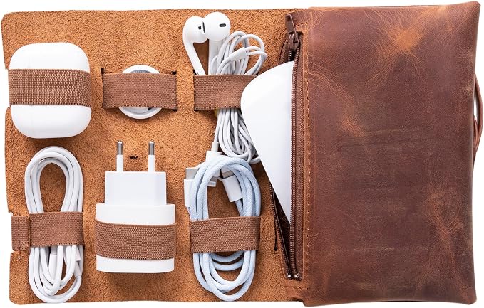 HARDISTON Custom Genuine Leather Electronic Cable Organizer Bag Handmade Travel by HARDISTON