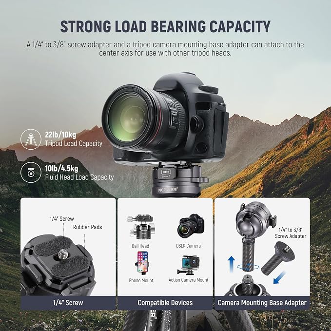 NEEWER LITETRIP LT32 Camera Travel Tripod, Carbon Fiber Portable Stand - Image 7
