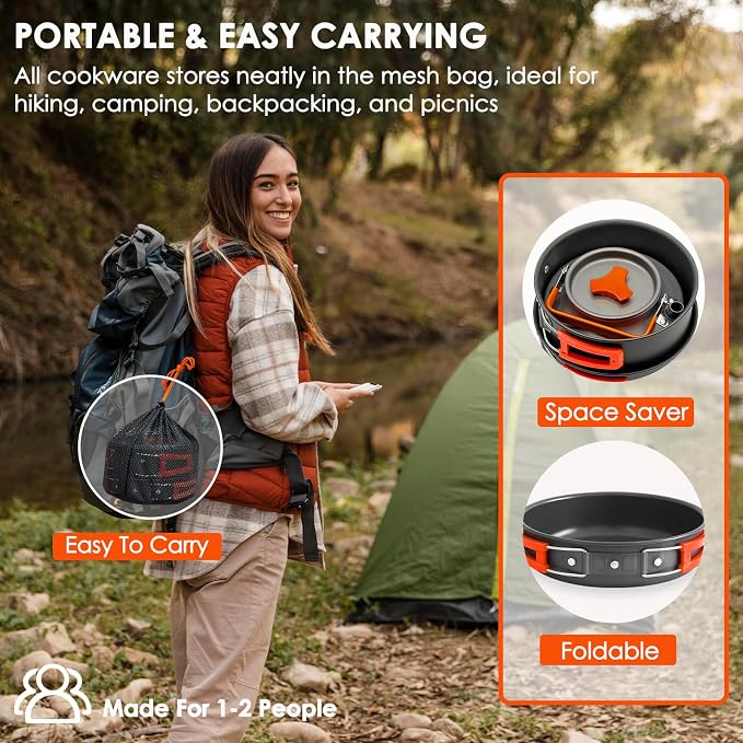 20Pcs Camping Cookware Mess Kit, Non-Stick Lightweight Camping Pots and Pans - Image 6