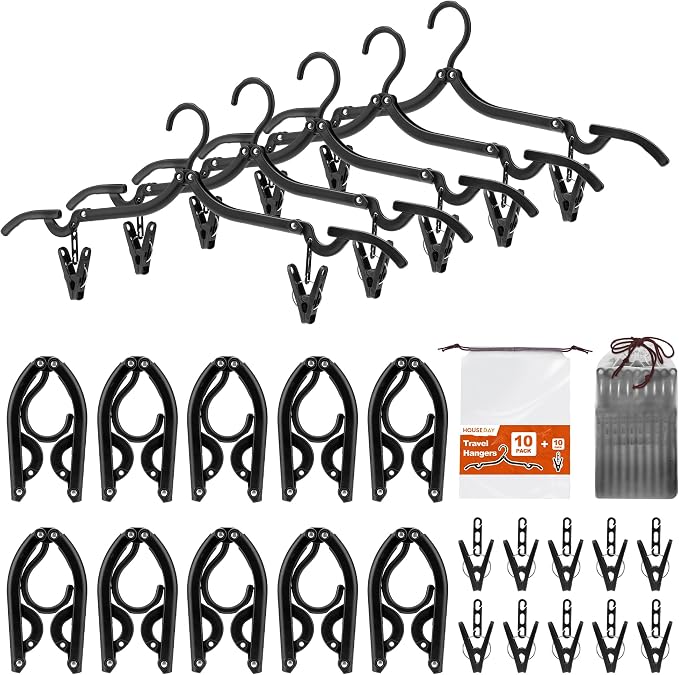 HOUSE DAY Foldable Travel Hangers 10 Pack w/10 Clips, Cruise Essentials 2025 by HOUSEDAY