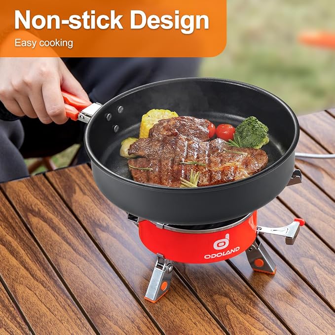Odoland Camping Cookware Mess Kit, Camping Cooking Pot Fry Pan and 1.1L Kettle - Image 4