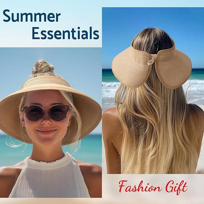 NPJY Sun Hats for Women Wide Brim Roll-Up Beach Ponytail Hat Packable Foldable - Image 7