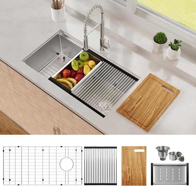 32 Inch Workstation Kitchen Sink, TECASA Undermount Deep Single Bowl, Stainless - Image 2