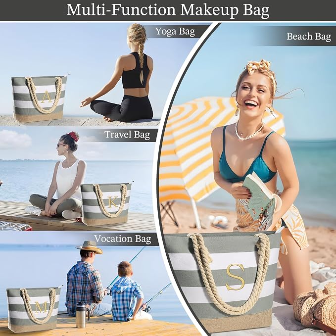 YOOLIFE Initial Canvas Waterproof Beach Tote Bag Zipper Personalized Gifts - Image 3
