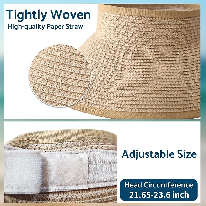 NPJY Sun Hats for Women Wide Brim Roll-Up Beach Ponytail Hat Packable Foldable - Image 6