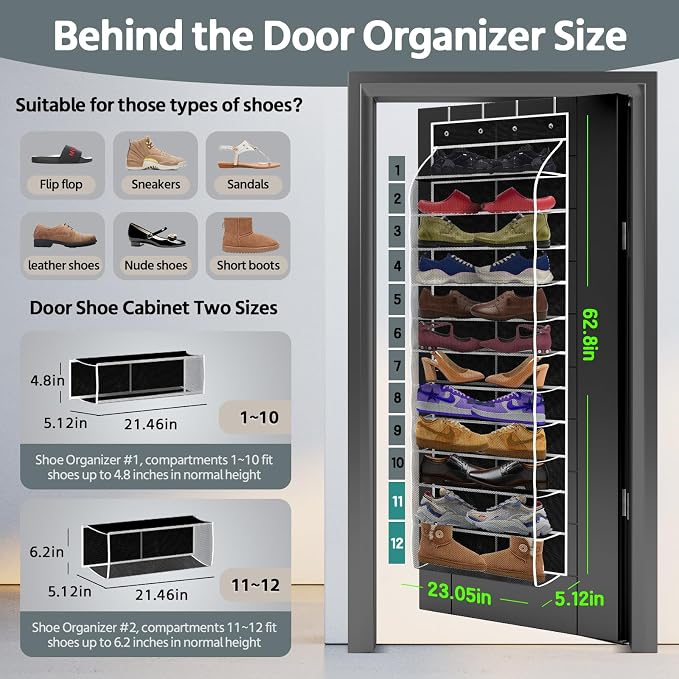 12 Pocket Over the Door Shoe Organizer, Reusable Breathable Large Mesh Bag - Image 3